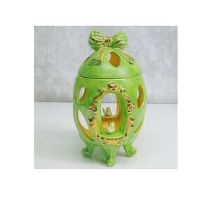 Arnel's EASTER EGG 4-Footed Iridescent Green Gold Bow Lid Chicks Candle Holder